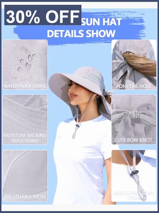 Wide Brim Sun Hat with Ponytail Hole Neck Flap UPF 50+